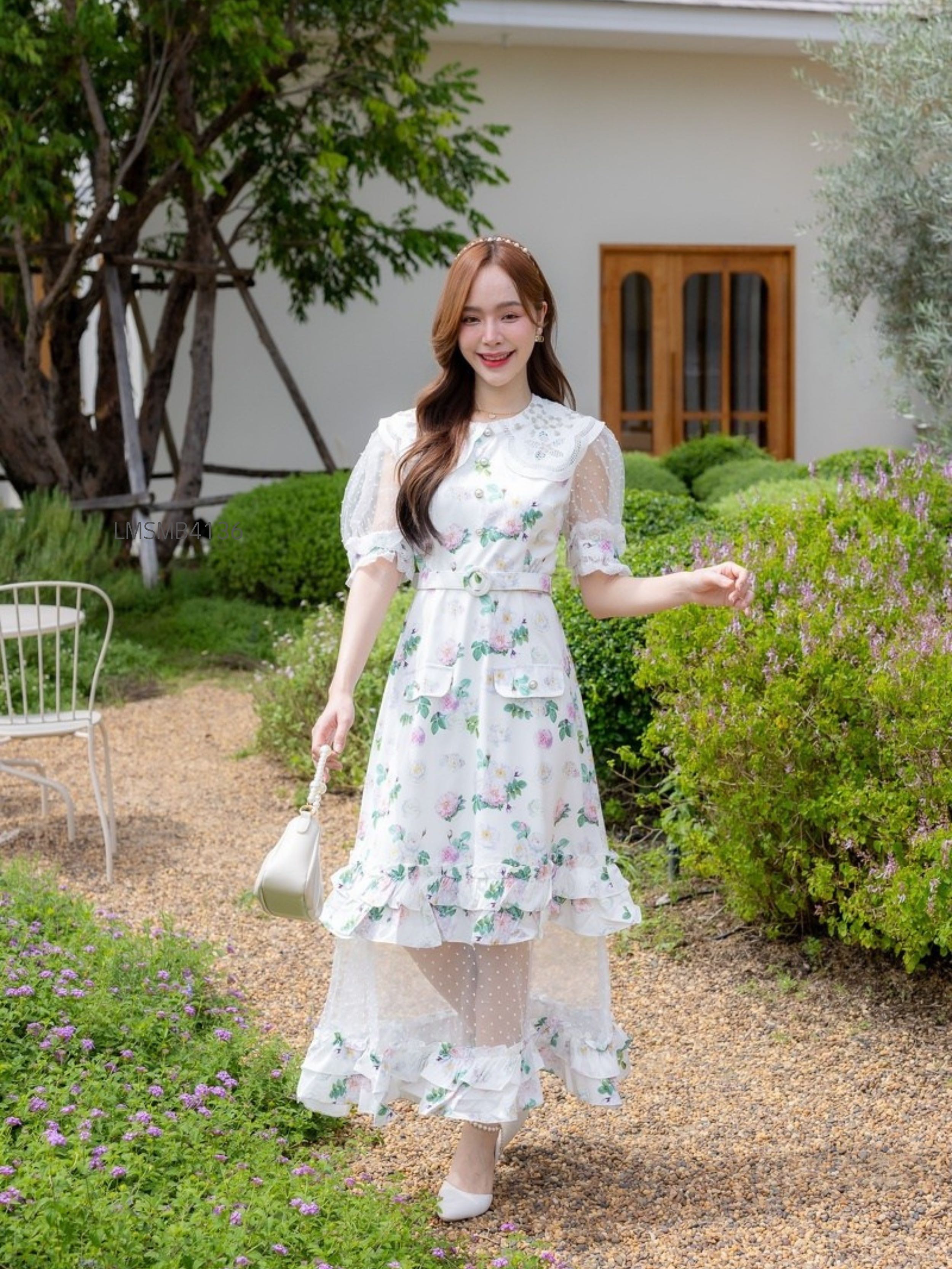 S-XL เดรสยาวปลายกระโปรงแต่งระบาย LMSMB4136
