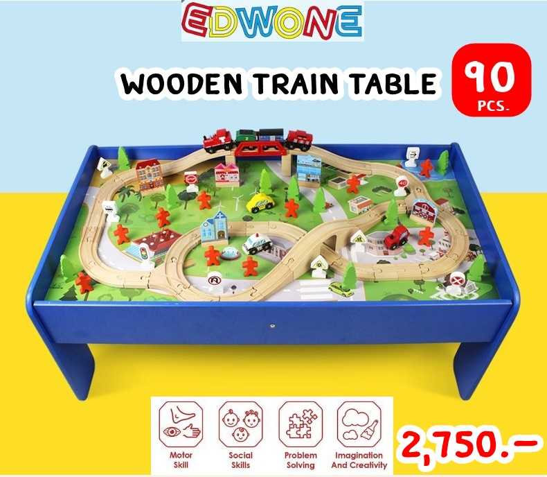 EDWOND ชุดโต๊ะรถไฟไม้พร้อมอุปกรณ์ 90 ชิ้น