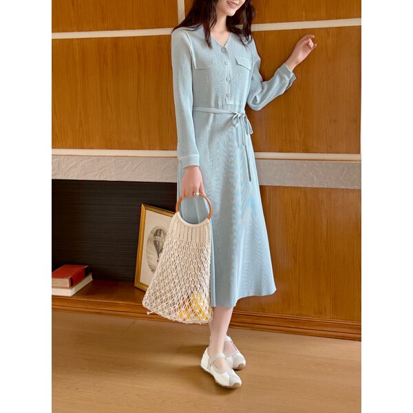 2MUAY รุ่น GJO11595 เดรสอัดพลีท THICK V NECK LONG SLEEVE PLEATED DRESS 8 สี FREE SIZE