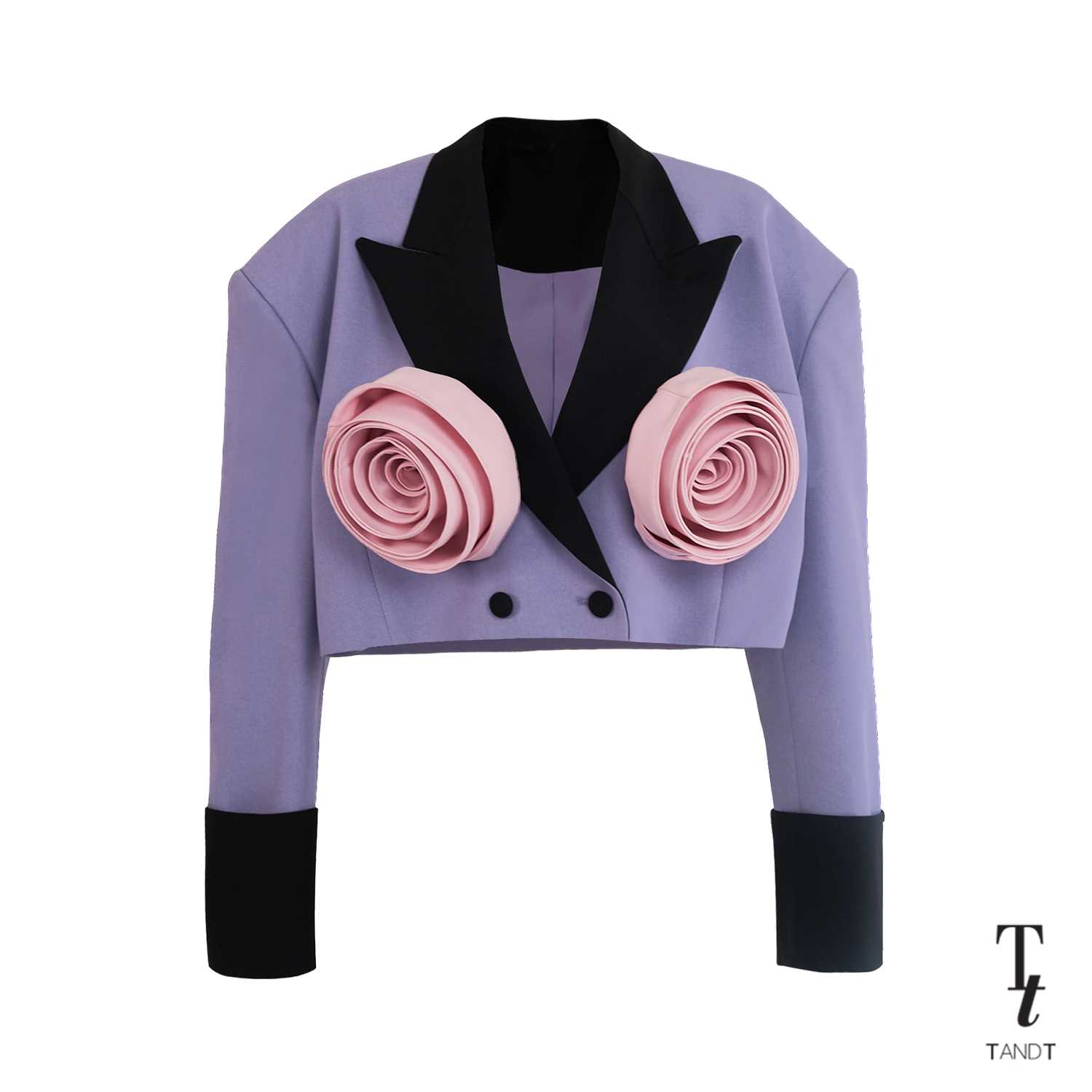 WILKERSON LILAC - ROSE HAND-CRAFTED PIN TWO-TONE SHOULDER PADD OVERSIZE CROP BLAZER