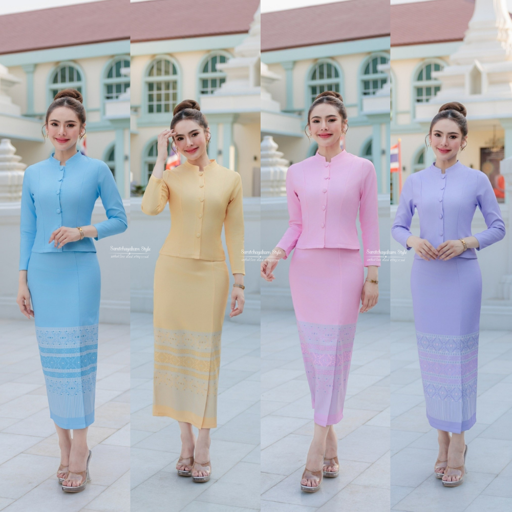 ชุดจิตตรลดา เนื้อผ้าไหมญี่ปุ่นพิมพ์ลาย สีพาสเทล งาน set เสื้อแขนยาว+กระโปรงยาว มีซับใน อัดกาวทั้งชุด