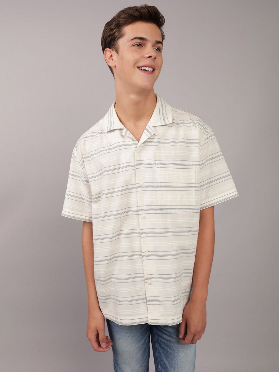 เสื้อเชิ้ต ผู้ชาย TOMMY STRIPE SS OVERSIZED CAMP COLLAR GARMENT DYE DOBBY STRIPE ( 015-2596-121 )