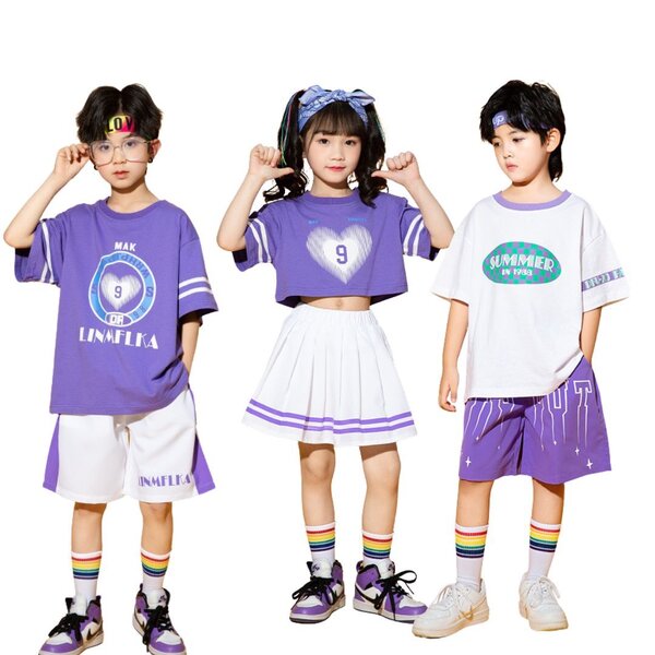 ชุดเต้น ชุดแดนซ์ เซ็ตเสื้อสีม่วง/ขาว+กางเกงขาสั้น/กระโปรง