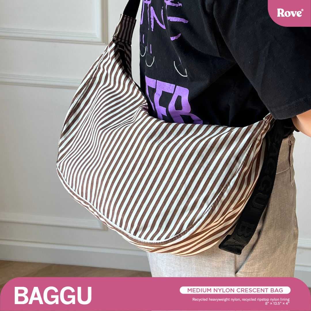 BAGGU Medium Nylon Crescent Bag - Brown Stripe