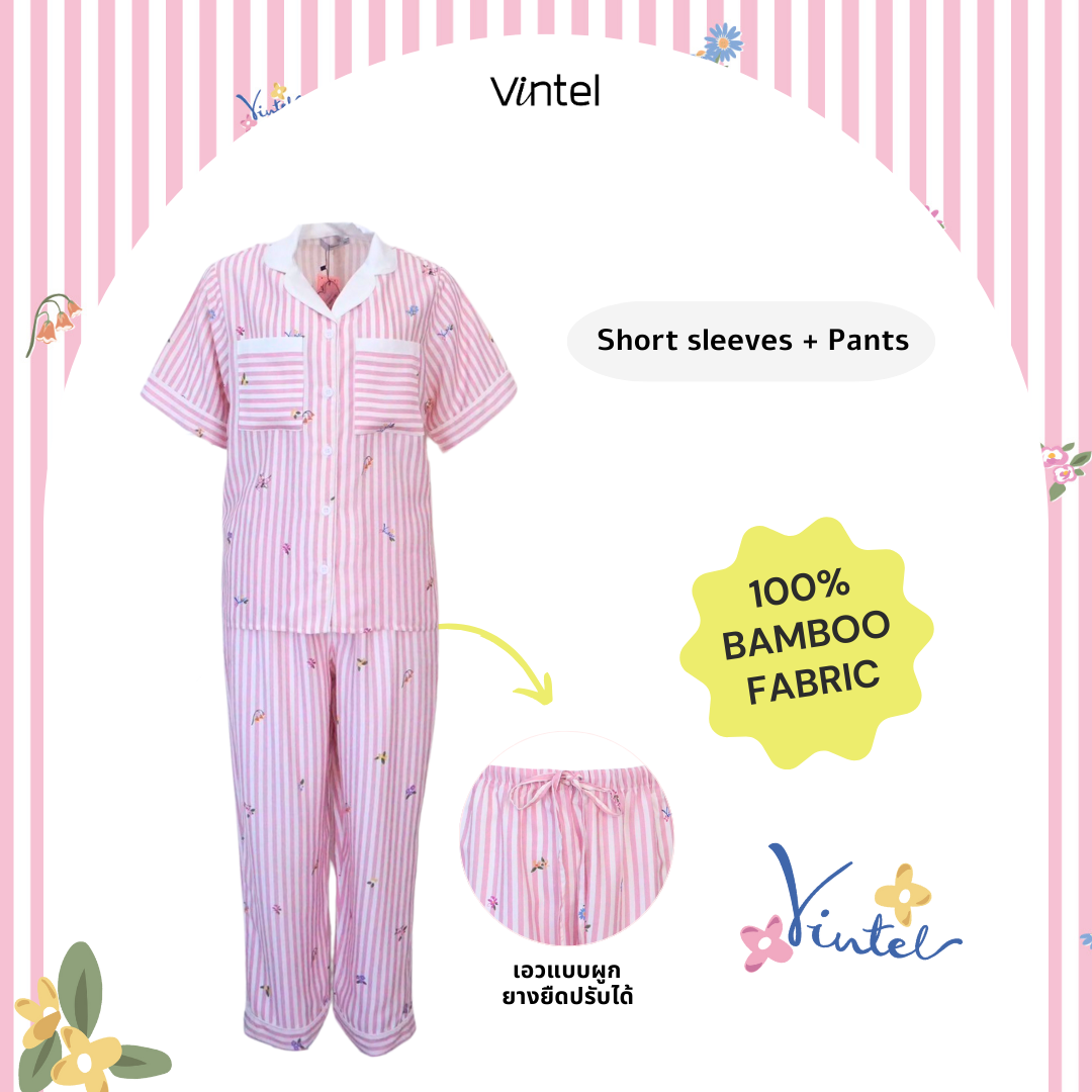 Pink  Flower Stripe : Short sleeve + Pants
