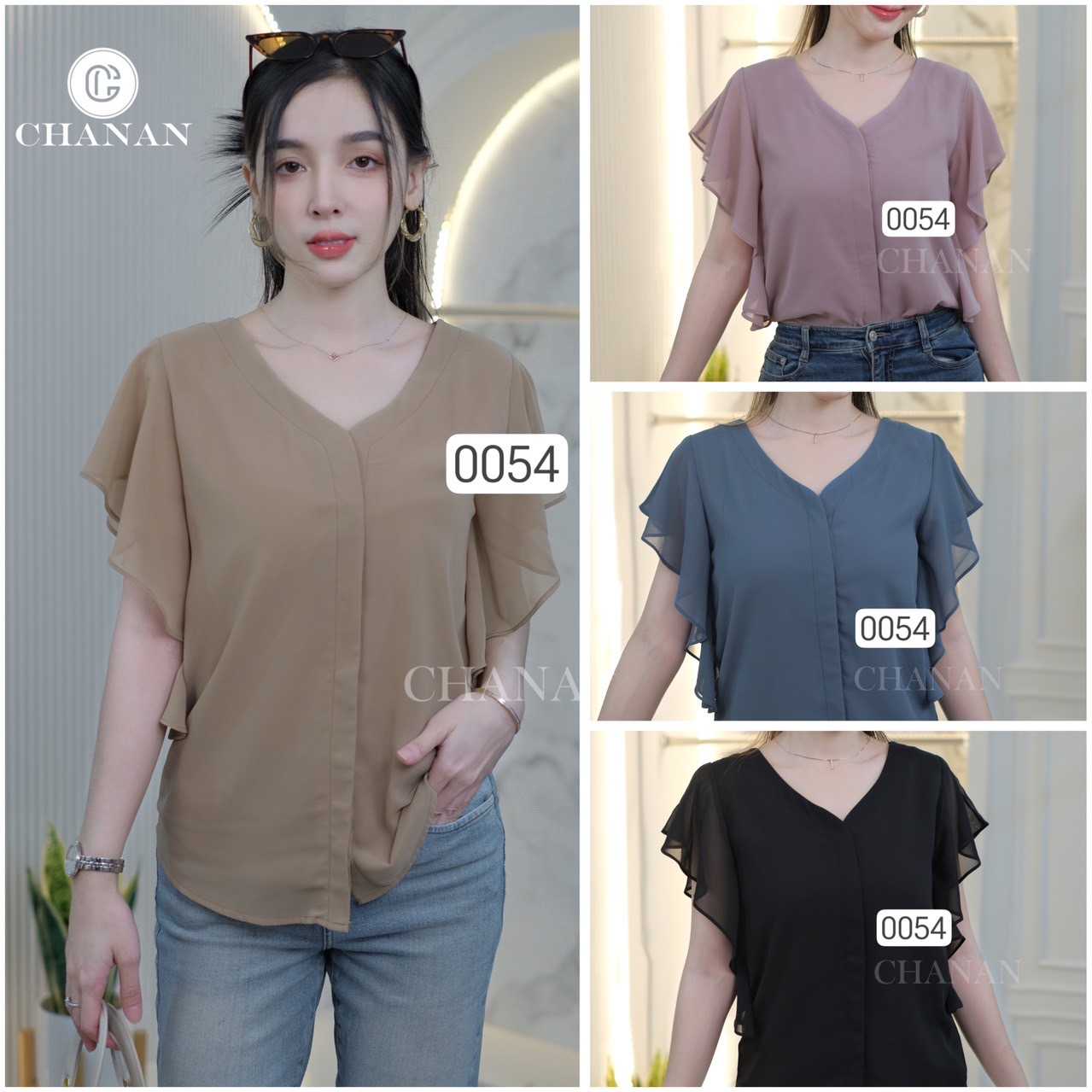 0054 เสื้อแขนระบาย ชีฟองเนื้อทราย มีซับในอย่างดี มี3สี