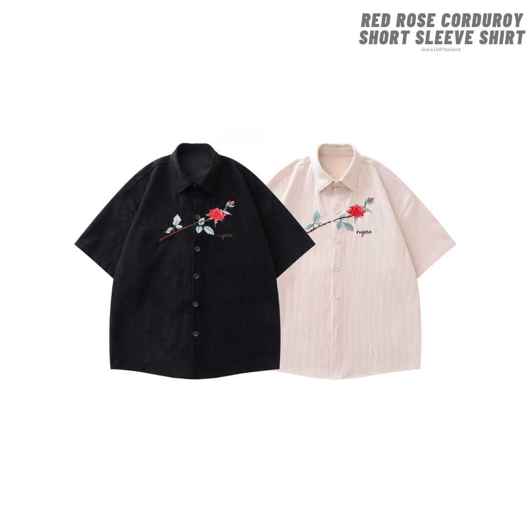 Jeera168 | Red Rose Corduroy Short Sleeve Shirt (พรีออเดอร์)
