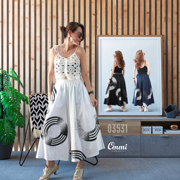 Ommishop 03531 กางเกงแฟชั่น เนื้อผ้าเวสปอร์ย ทรงกระโปรงกางเกงขาสามส่วนบาน (PUP)