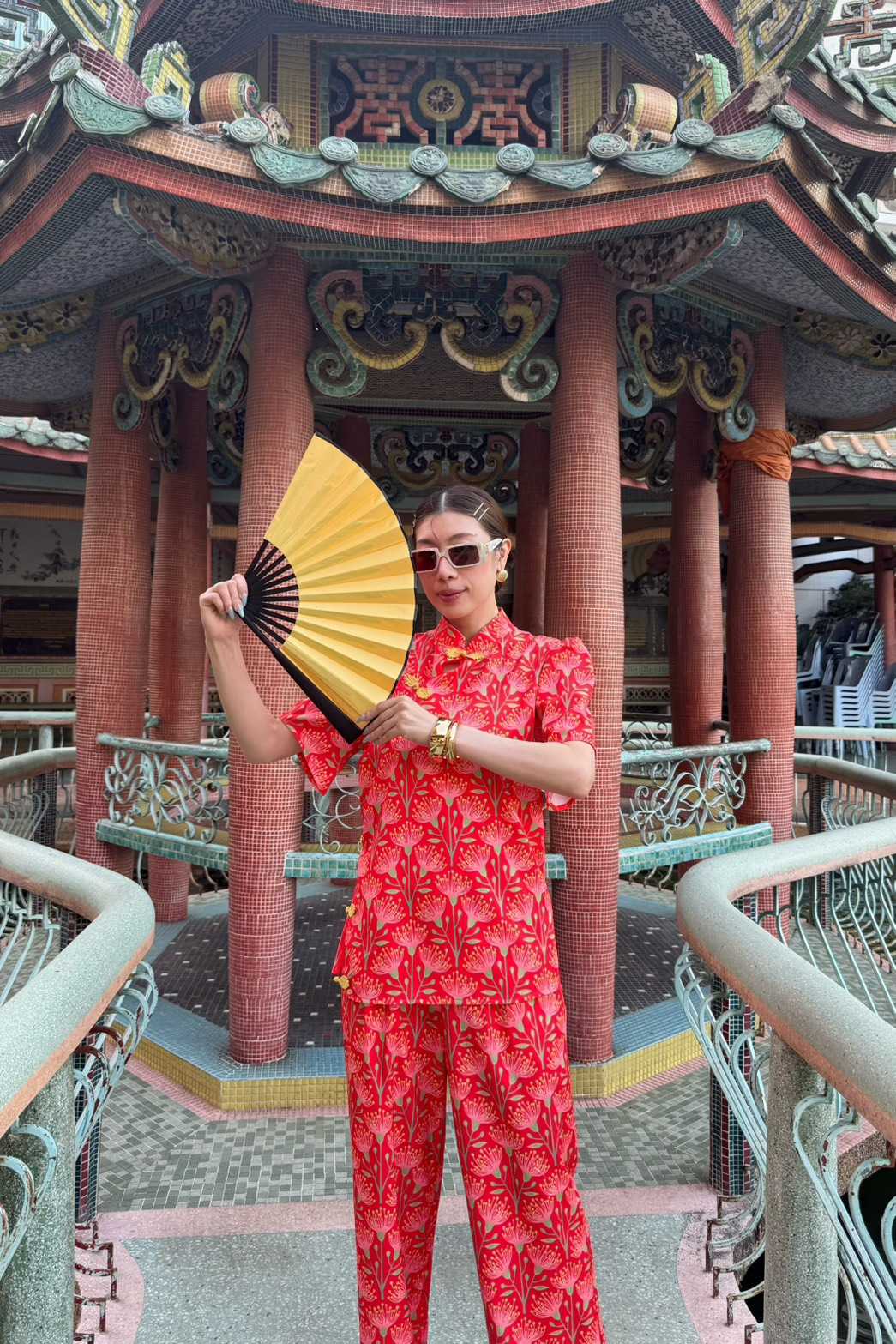 ชุดเซทตรุษจีน 9980 CNํY SHORT SLEEVES TOP + PANTS SET ลายเกสร