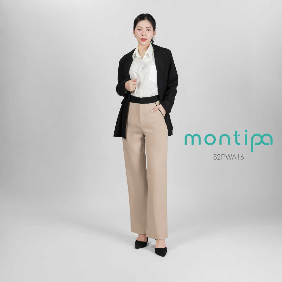 Montipa กางเกงทรงกระบอกตัดแต่งขอบเอว  เนื้อผ้า IronFree  อยู่ทรง ยับยาก ไม่ต้องรีด 52PWA16