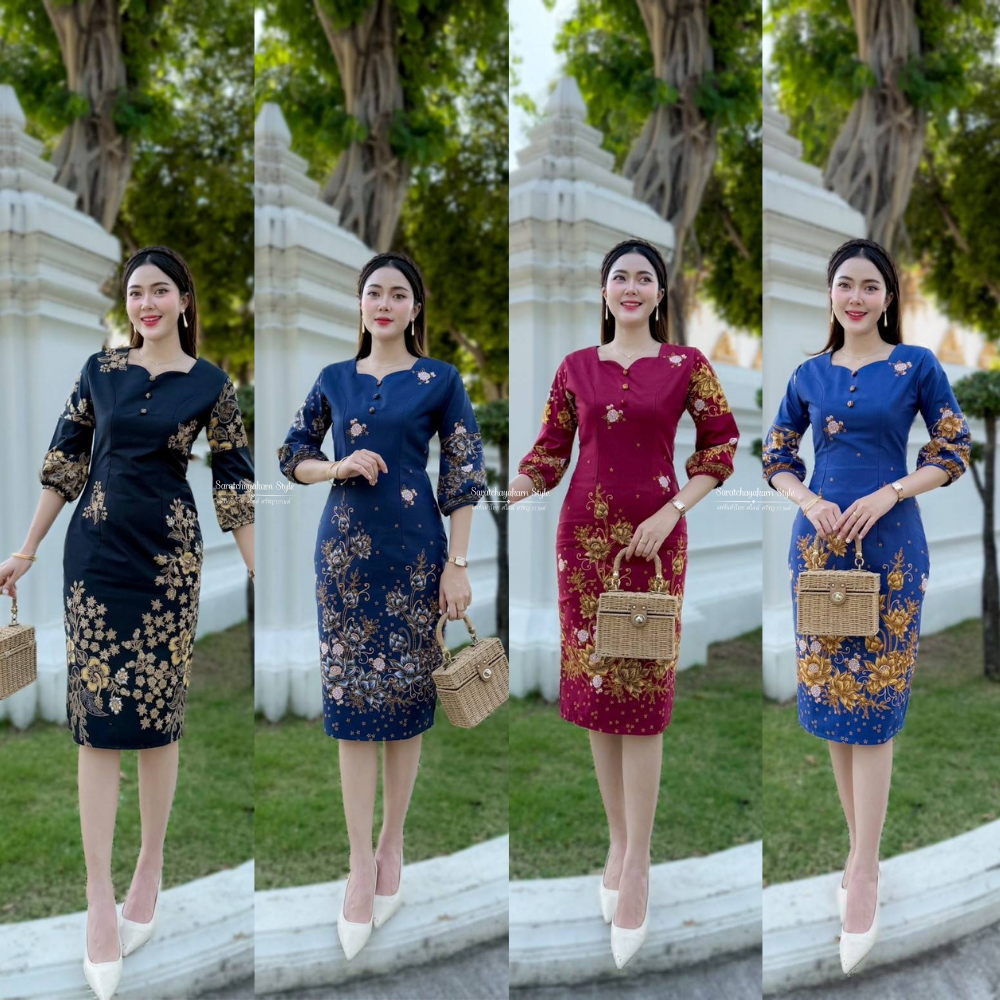 ชุดเดรสผ้าปาเต๊ะ คอหัวใจ แขนสามส่วน ทรงสอบผ่าหลัง ยาว 40 นิ้ว สีสด ลายคมชัด เนื้อผ้าดี อัดกาวทั้งชุด
