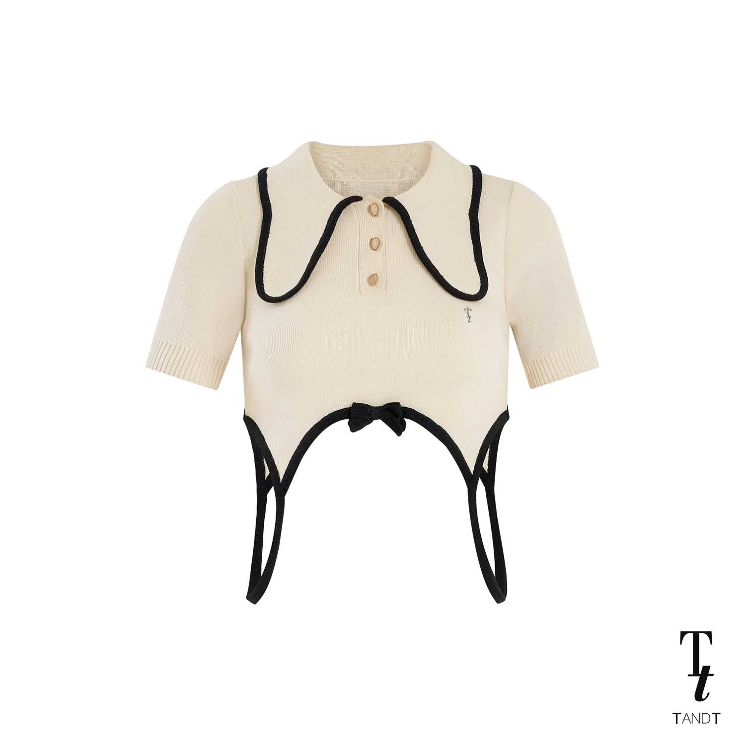 TandT - KIKI WHITE AND BLACK TOP - TWO-TONE BOW TRIM KNITTED POLO CROP TOP