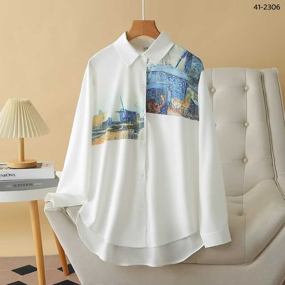 41-2306 เสื้อเชิ้ตสีขาว พิมพ์ลายวิวสีฟ้า