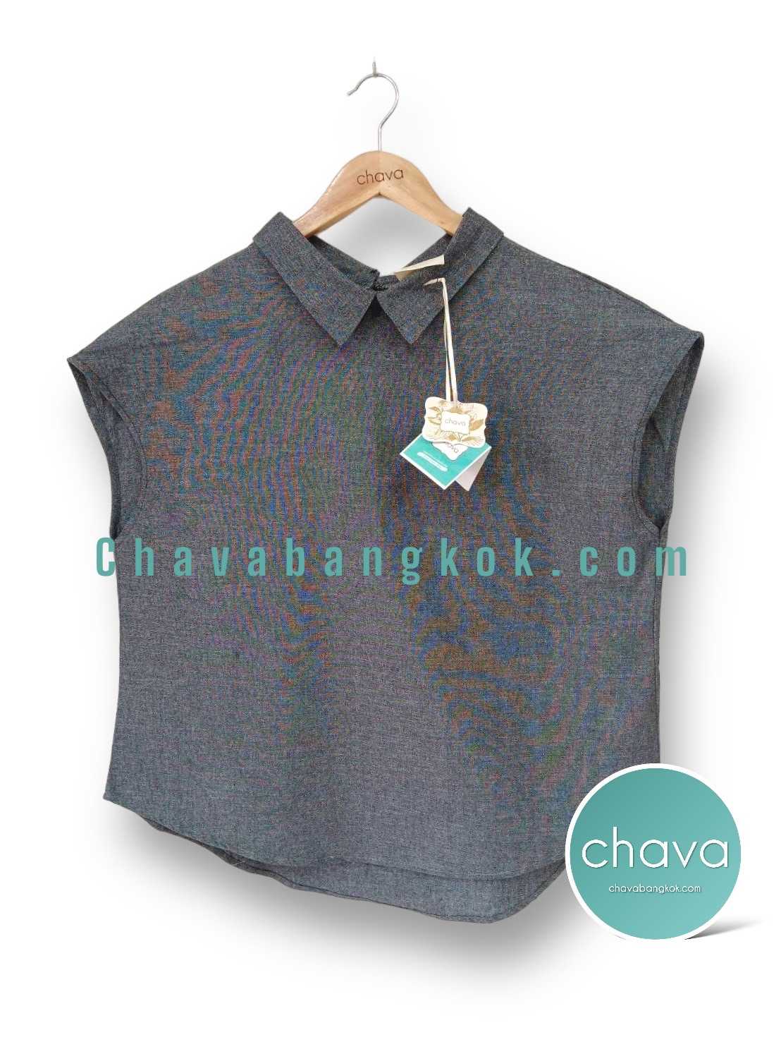 NEW!! เสื้อ Top / BLOUSE (สีเทา) คอปก แขนกุด กระดุมหลัง