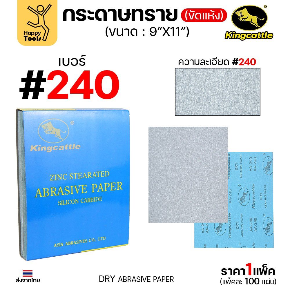 KINGCATTLE กระดาษทรายขัดแห้ง สำหรับงานขัดไม้ ขัดเหล็ก แห้ง เต็มกล่อง100แผ่น เบอร์240