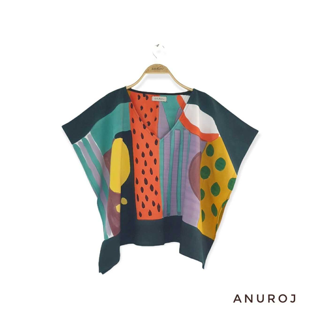 (Pre-order) Poncho Cotton Rayon Blouse V Nack Hand paint For Summer Beach Vacation Small Size