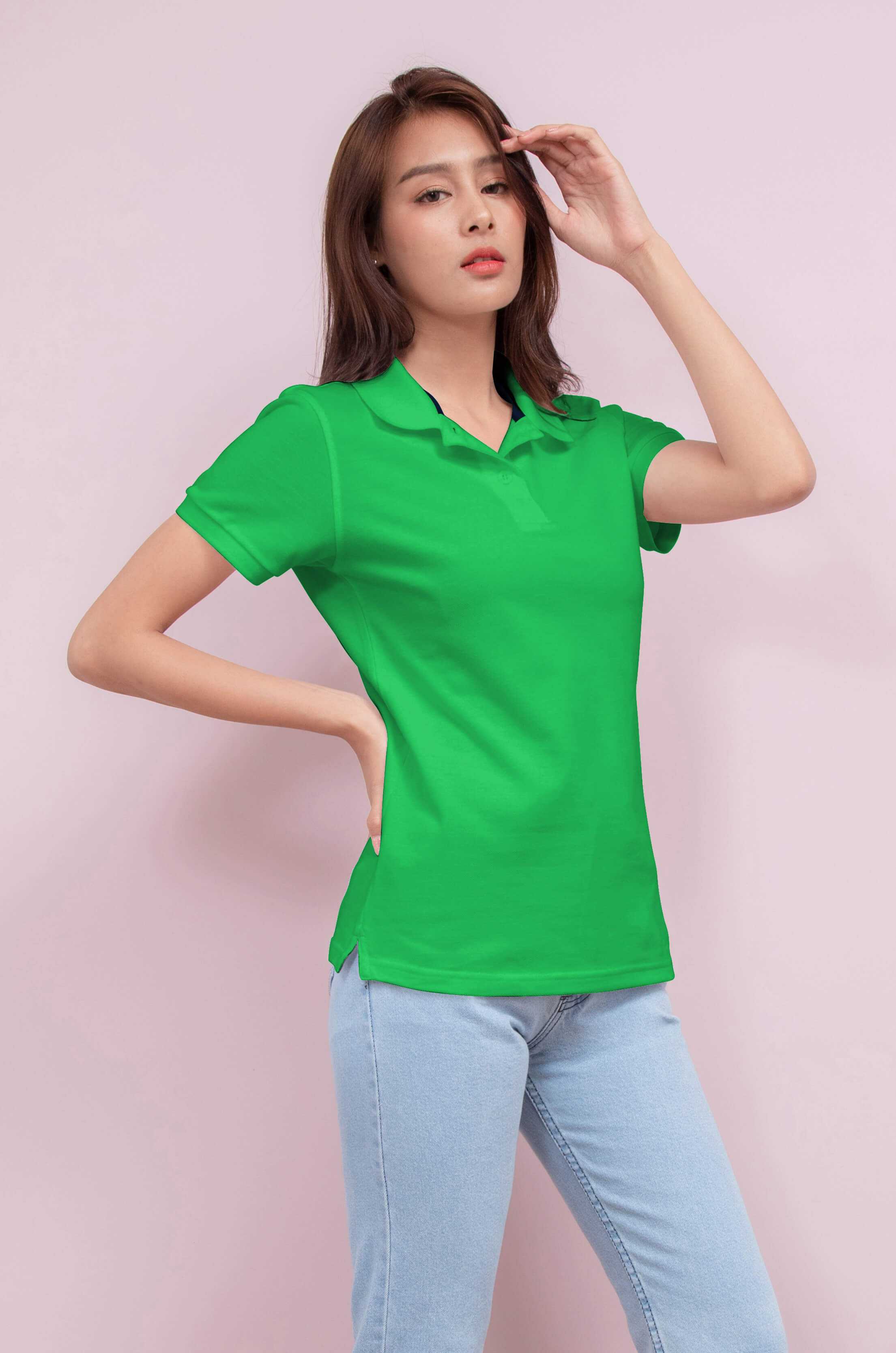Noproblem ยอดขาย No.1 รับประกัน ไม่ย้วย ไม่ยืด ผ้านุ่ม เสื้อโปโล หญิง สีเขียวเพริโดต์