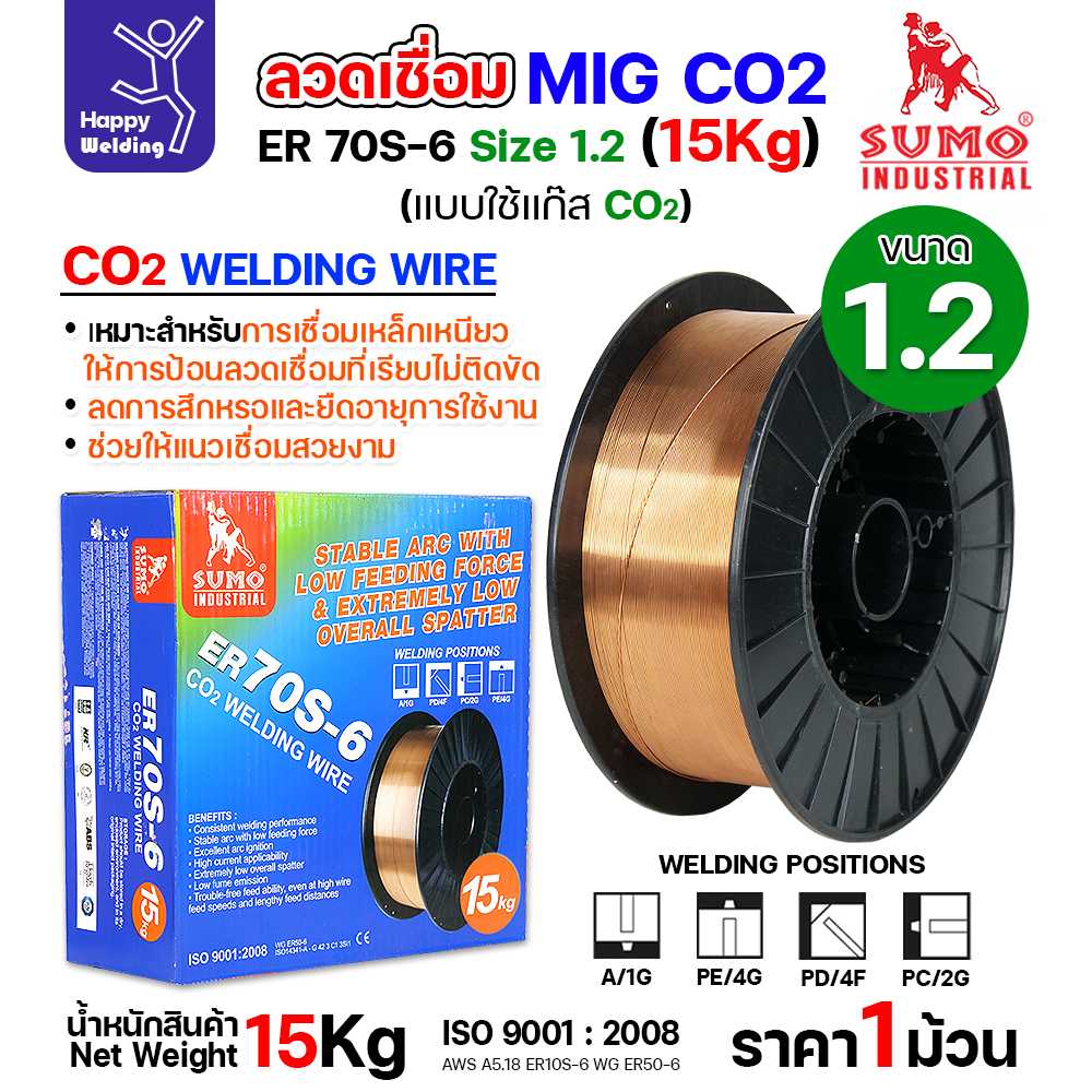 SUMO ลวดเชื่อม MIG CO2 ER70S-6 1.2mm (15โล) เชื่อมมิก เชื่อมคาร์บอน เชื่อมซีโอทู