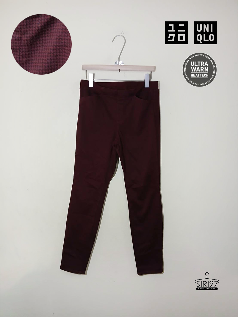 กางเกงขายาว เอวยางยืดผ้ายืด มีเชือก Uniqlo Heattech สีเลือดหมู สภาพ85%