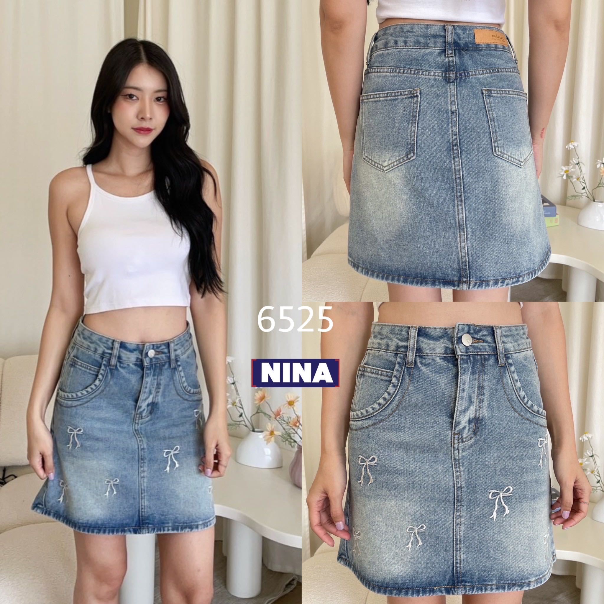 กระโปรงยีนส์สั้นทรงเอ ผ้าไม่ยืด งานปักโบว์โซคิ้ว สีฟอกเฟดสนิม #NN6525