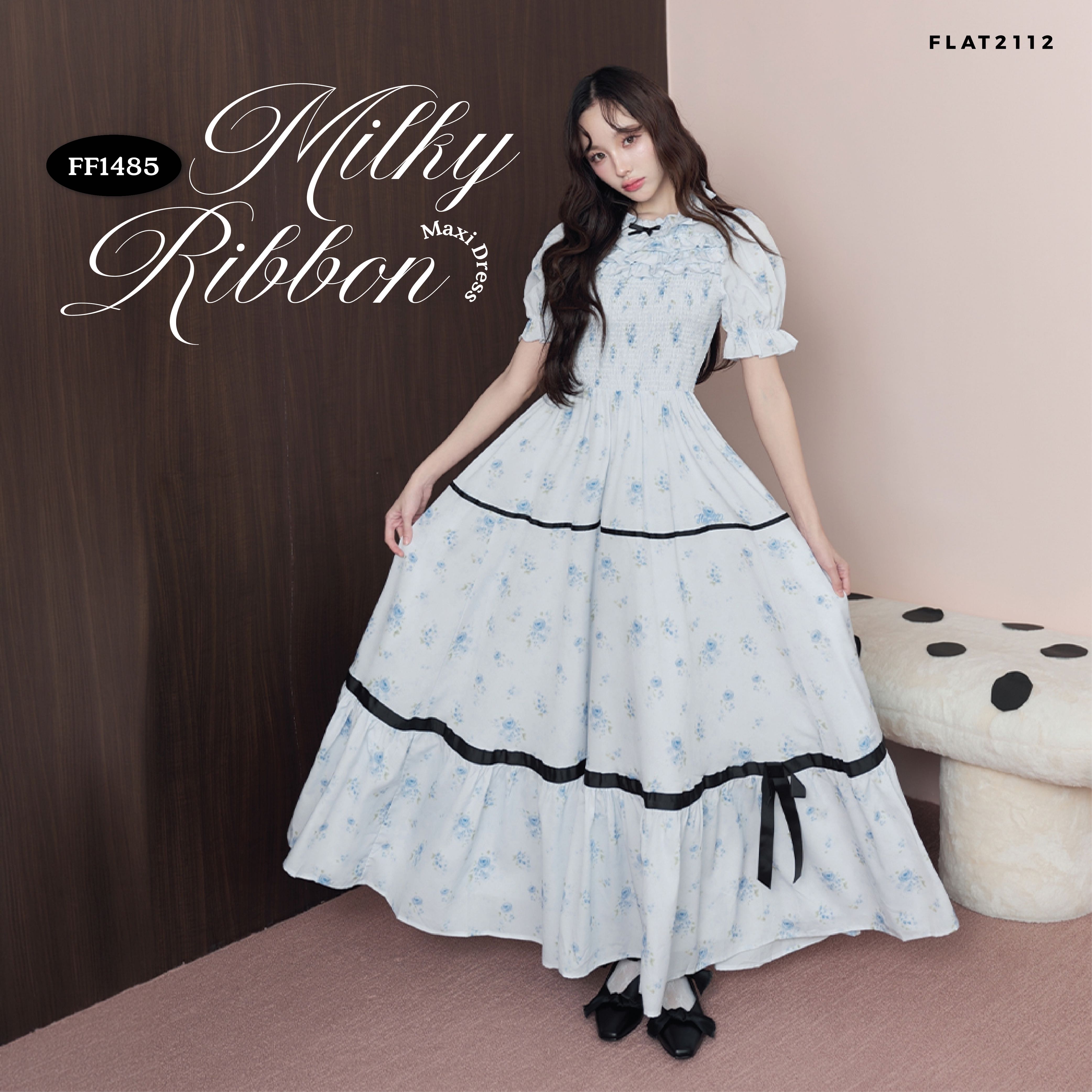 FLAT2112 : MILKY RIBBON MAXI DRESS  เดรสยาวสีฟ้าอ่อนลายดอกไม้ ดีเทลระบายลูกไม้ช่วงอก(FF1485)