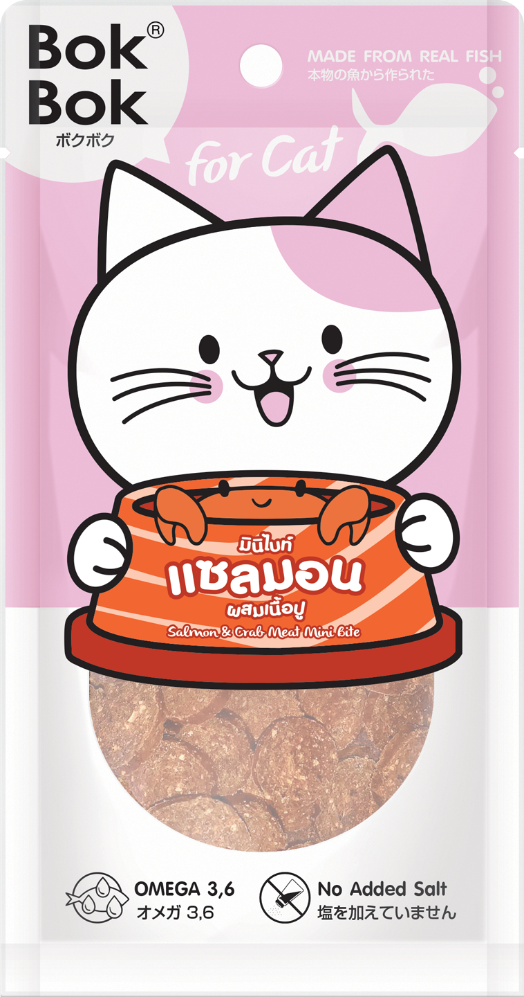 ขนมแมว Bok Bok แมว มินิไบท์ เนื้อปลาแซลมอนผสมเนื้อปู ขนาด 25 กรัม