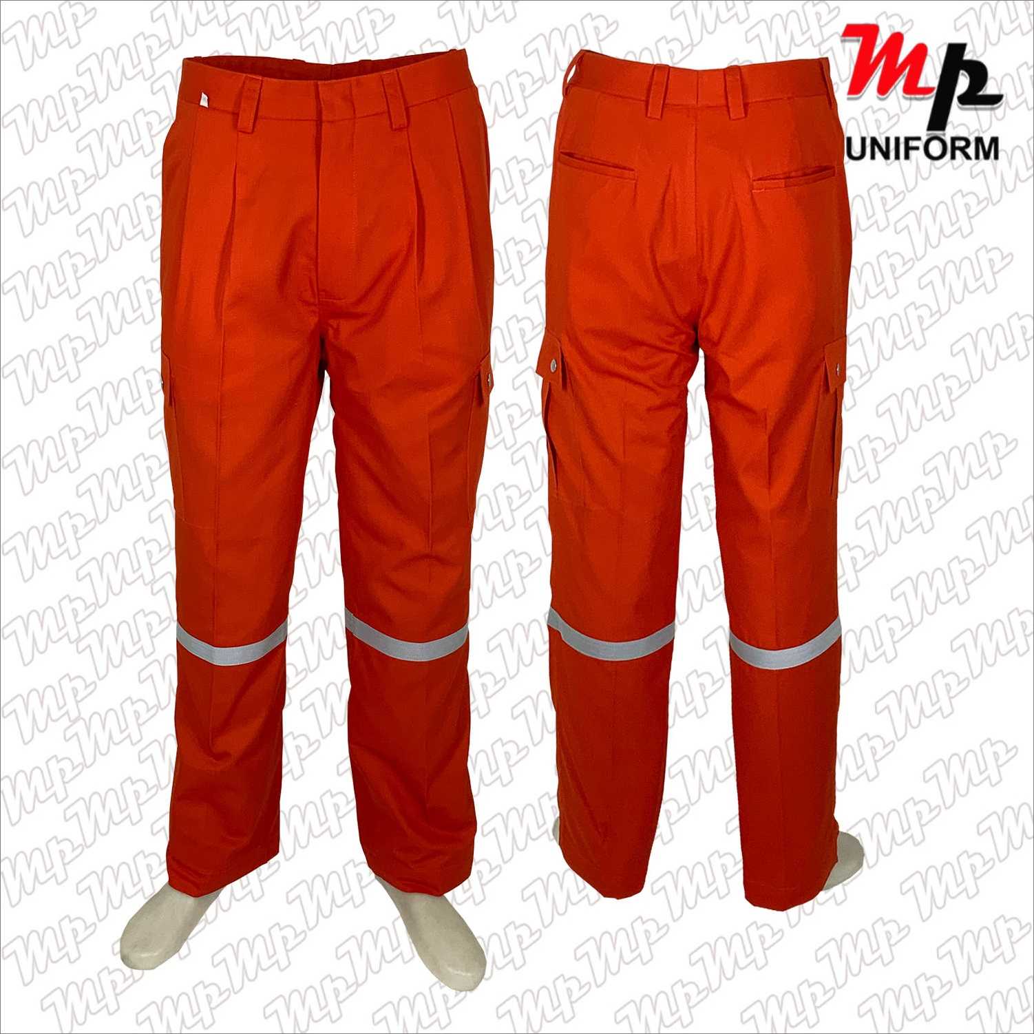 MPT005-01 กางเกงช่างผ้าคอมทวิว เอวธรรมดา แถบสะท้อนแสงขา สีส้ม
