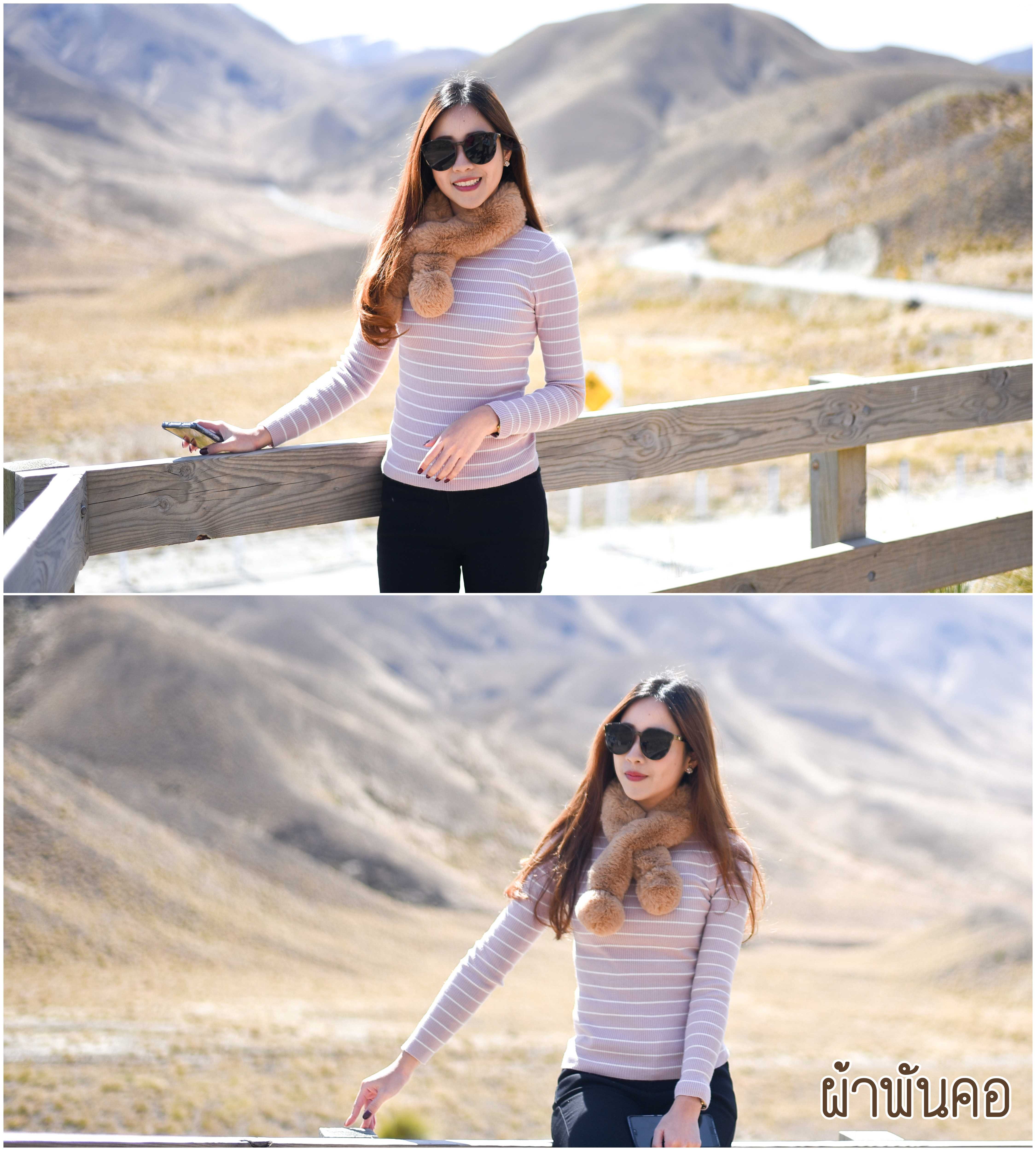 KozySnow SR34 ผ้าพันคอแต่งปอมๆคู่ ผ้าพันคอแฟชั่น แบบสอด (น้ำตาล)