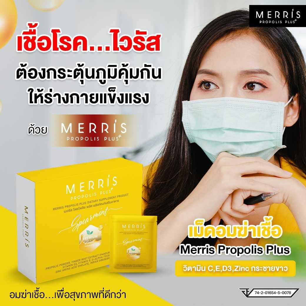 เม็ดอมฆ่าเชื้อ ลูกอม propolis plus 1 กล่อง มี 2 แพ็ค  แพ็คละ 40 เม็ด Merris