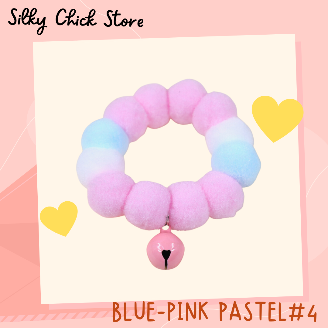 ปลอกคอ Blue-Pink Pastel #4 พรีเมียม ปอม ปอม Collar [Rubber type]