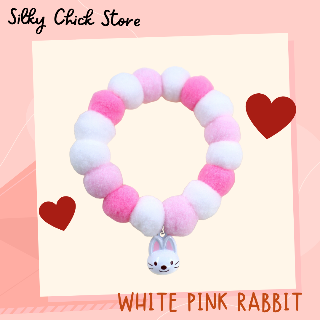 ปลอกคอ Pink - White Rabbit (กระต่าย) พรีเมียม ปอม ปอม Collar [ Rubber type]