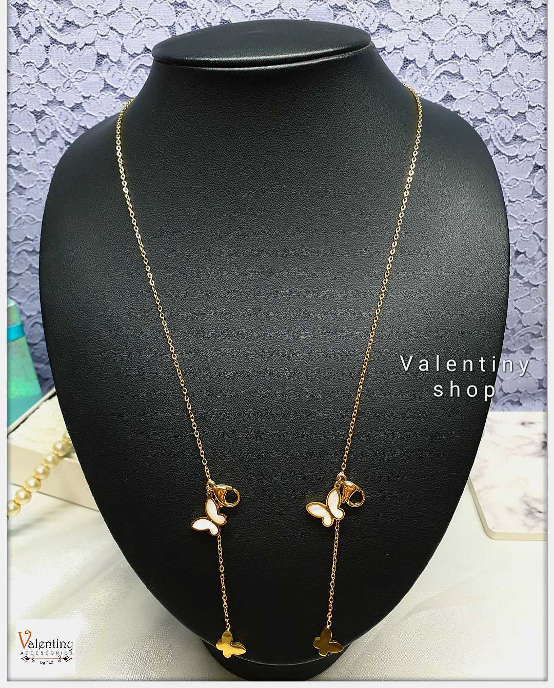 ERN034 สายคล้องแมส งาน ( Stainless steel ) รูปผีเสื้อสีขาว