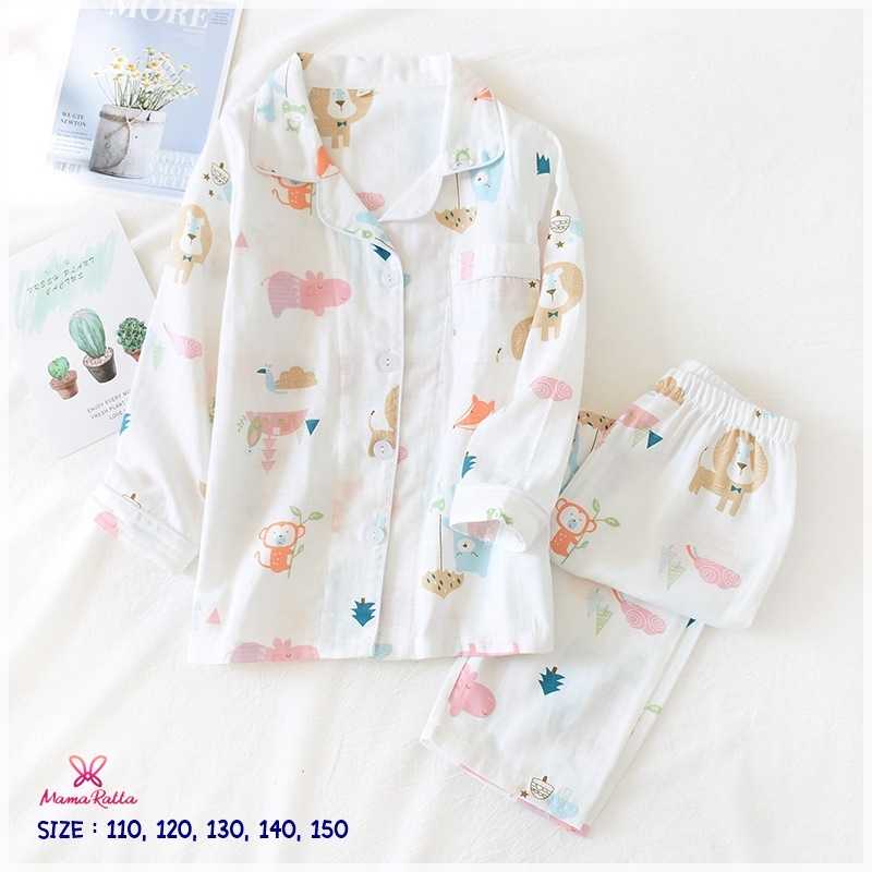 ชุดนอนเด็กผ้ามัสลินลายสัตว์น่ารักๆ - สีขาว