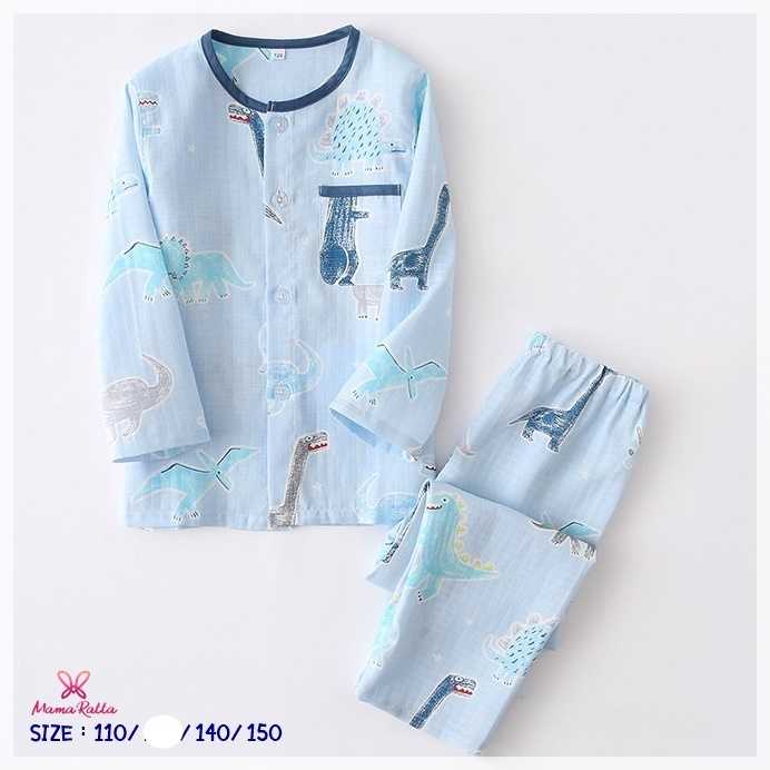 ชุดนอนเด็กผ้ามัสลินลายไดโนเสาร์ - สีฟ้า