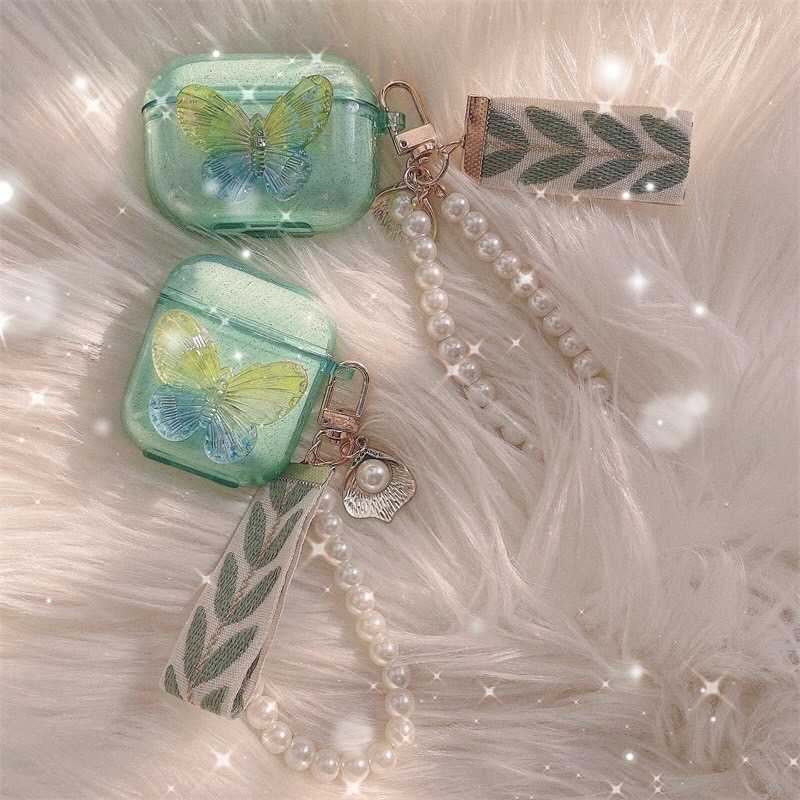 ♥ เคส Airpods : 🦋 🌳 ลายผีเสื้อนูนสีเขียว + พวงกุญแจสายคล้องไข่มุกตามรูป