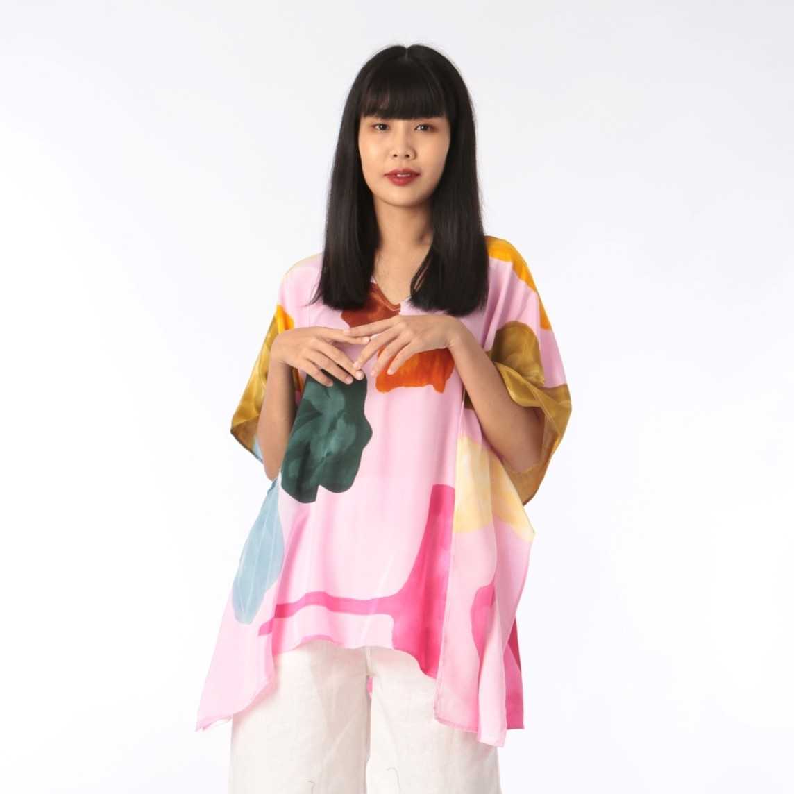 (Pre-order)Poncho Cotton Rayon Blouse Hand paint For Summer Beach Vacation Normal Size (คอวี-คอปาด)