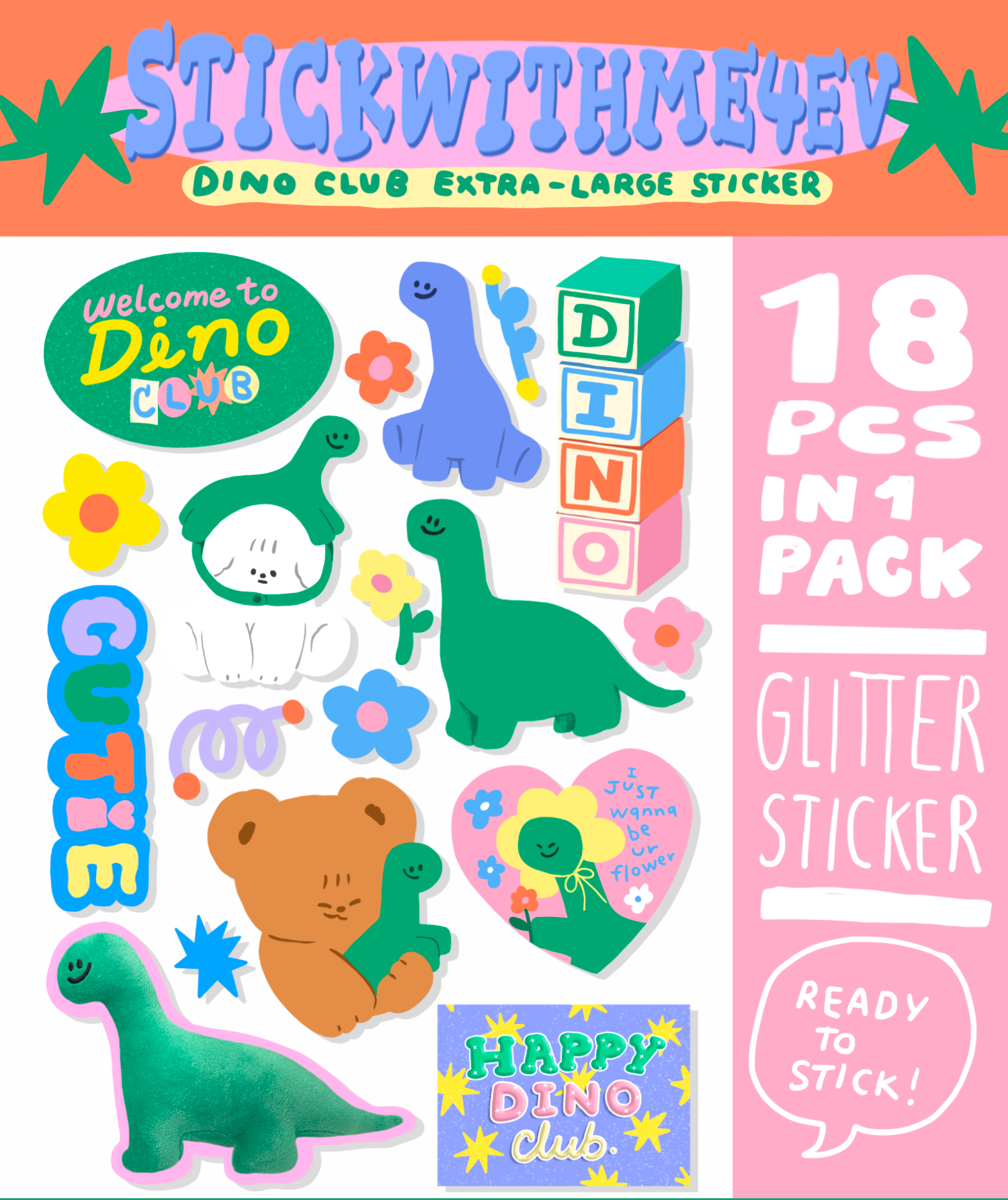 Extra Large Dino club Glitter Sticker pack