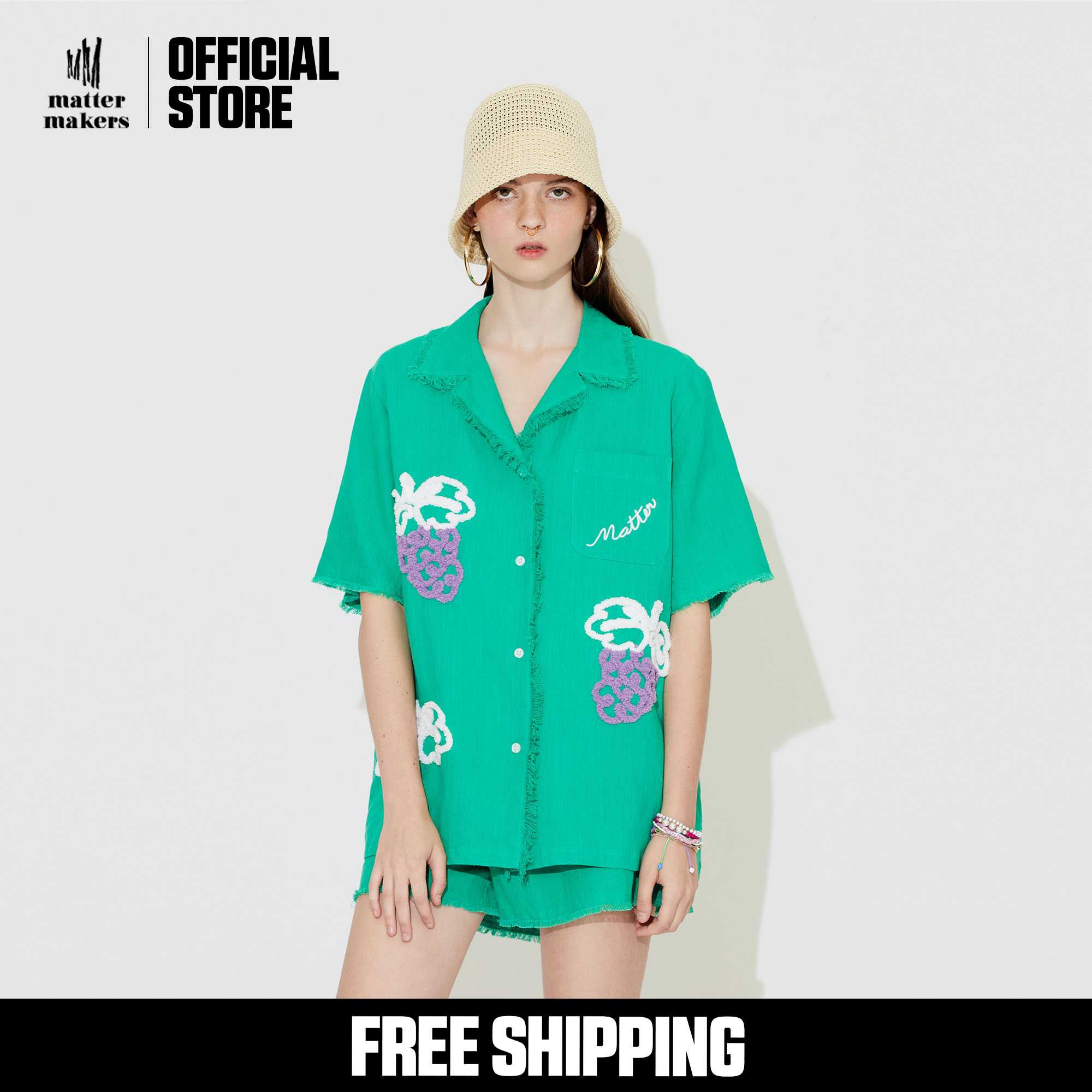 Market tribe Embroidery Short Sleeve Shirt (Green/Yellow)