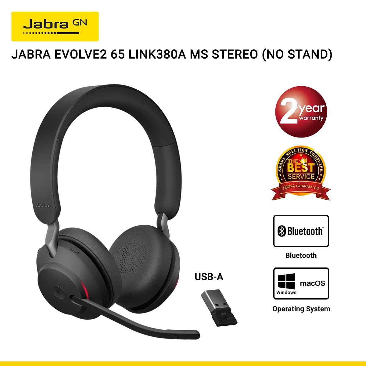Jabra Evolve2 65 link 380A MS Stereo Black USB-A (NO STAND) (JBA-26599-999-999)