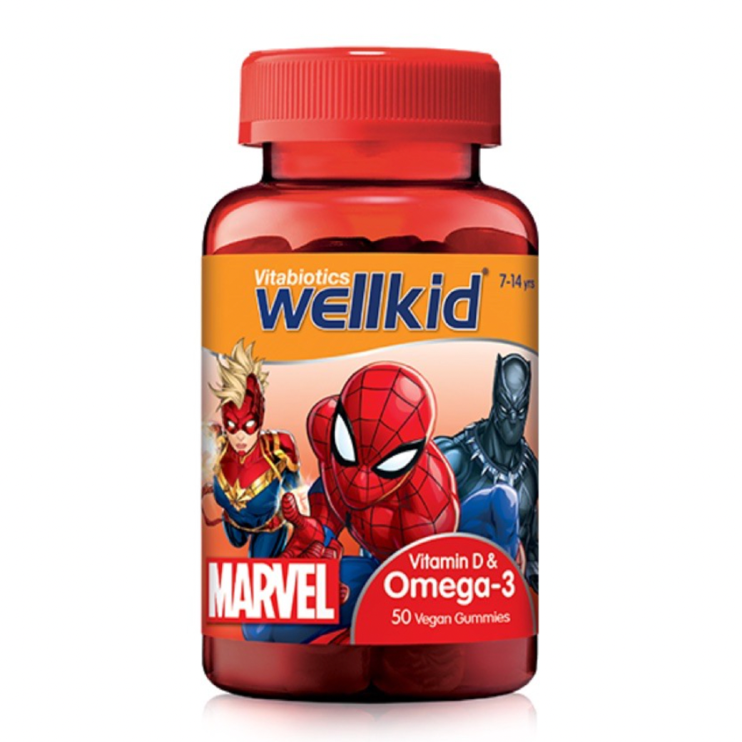 วิตามินเสริมแร่ธาตุโอเมก้า 3 ชนิดกัมมี่สำหรับเด็กโต Vitabioics Wellkid Marvel Omeg-3 & Vitamin D