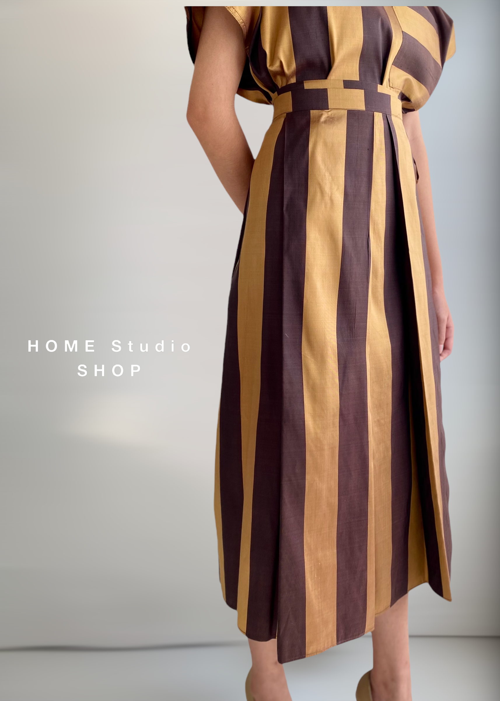 Tie waist silk skirt Brown stripes 