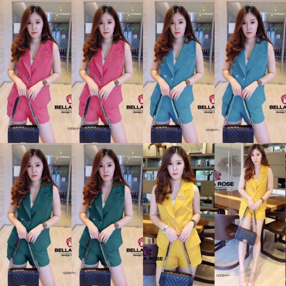 Set 2 ชิ้น เสื้อปกสูทอขนกุด ติดกระดุมหน้า 2 เม็ด เนื้อผ้า ซาร่า + กางเกงขาสั้น