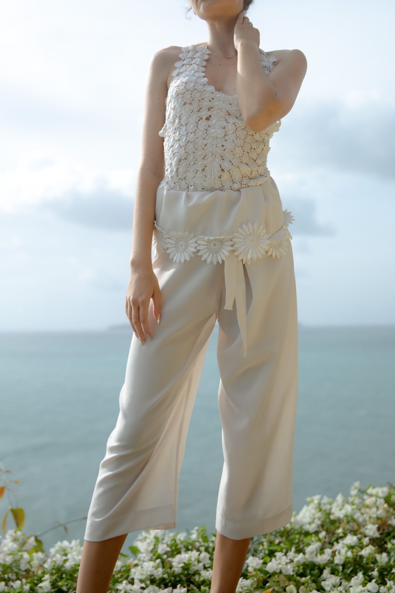 Kemissara Leisure Pants Cream Stay Home Pants Floral Lace
