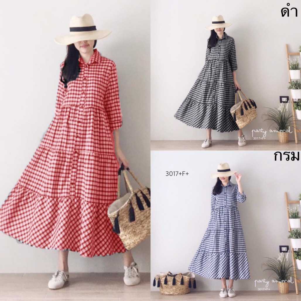 dress ลายสก๊อต ปกเชิ้ตแขนยาวกระดุมหน้า ทรงโอเวอร์ไซส์ 