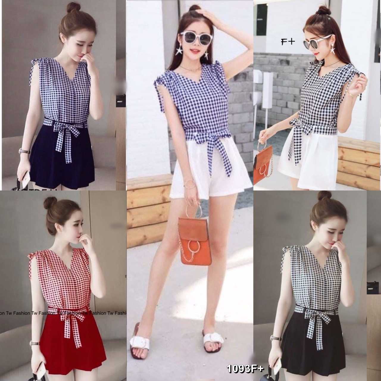 ชุดเซ็ต 2 ชิ้น เสื้อดีเทลแขนกุดคอวี ลายสก็อตขาวดำ มีเชือกผูกโบว์ตรงไหล่ + กางเกง