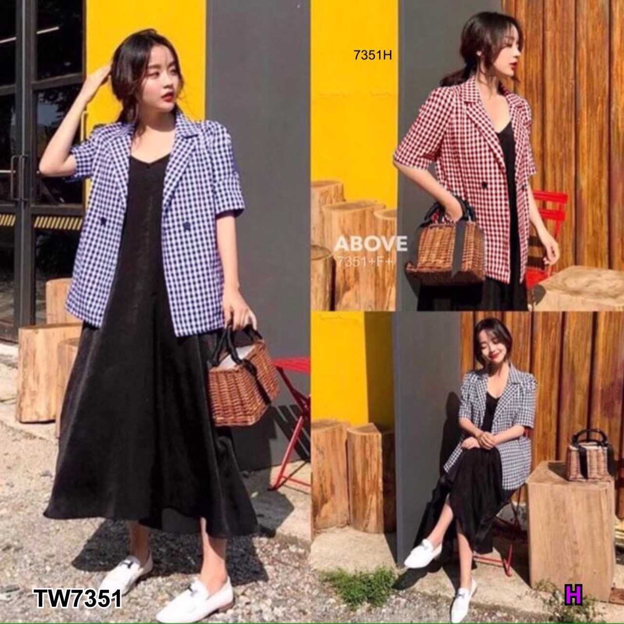 Set 2 ชิ้น เสื้อสูทแจ๊คเก็ตแขนสั้นลายสก๊อต