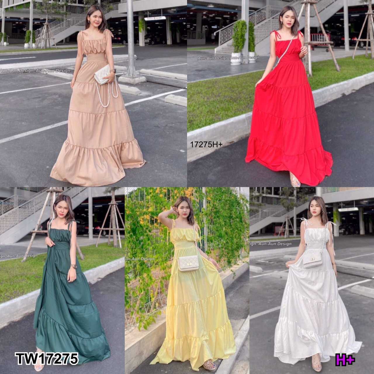 Maxi dress เดรสยาวผูกไหล่ แต่งย่นช่วงหน้าอก ด้านหลังสม๊อค