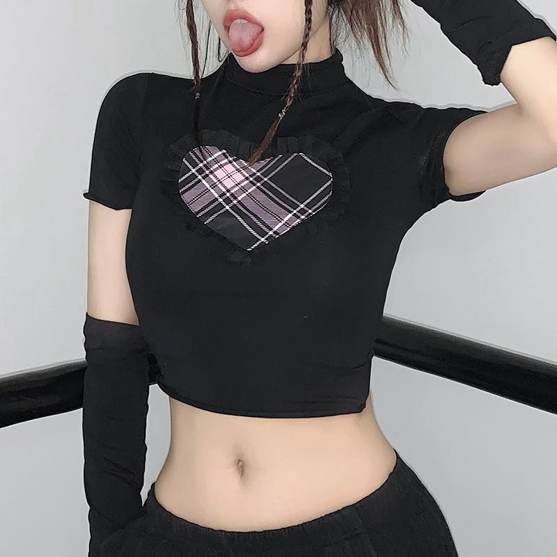 Heart Black Crop Top + Pair of Long Sleeves Glove