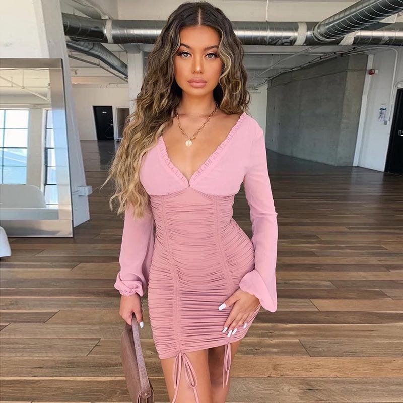 Pink Long Sleeves See-Through Rayon Dress