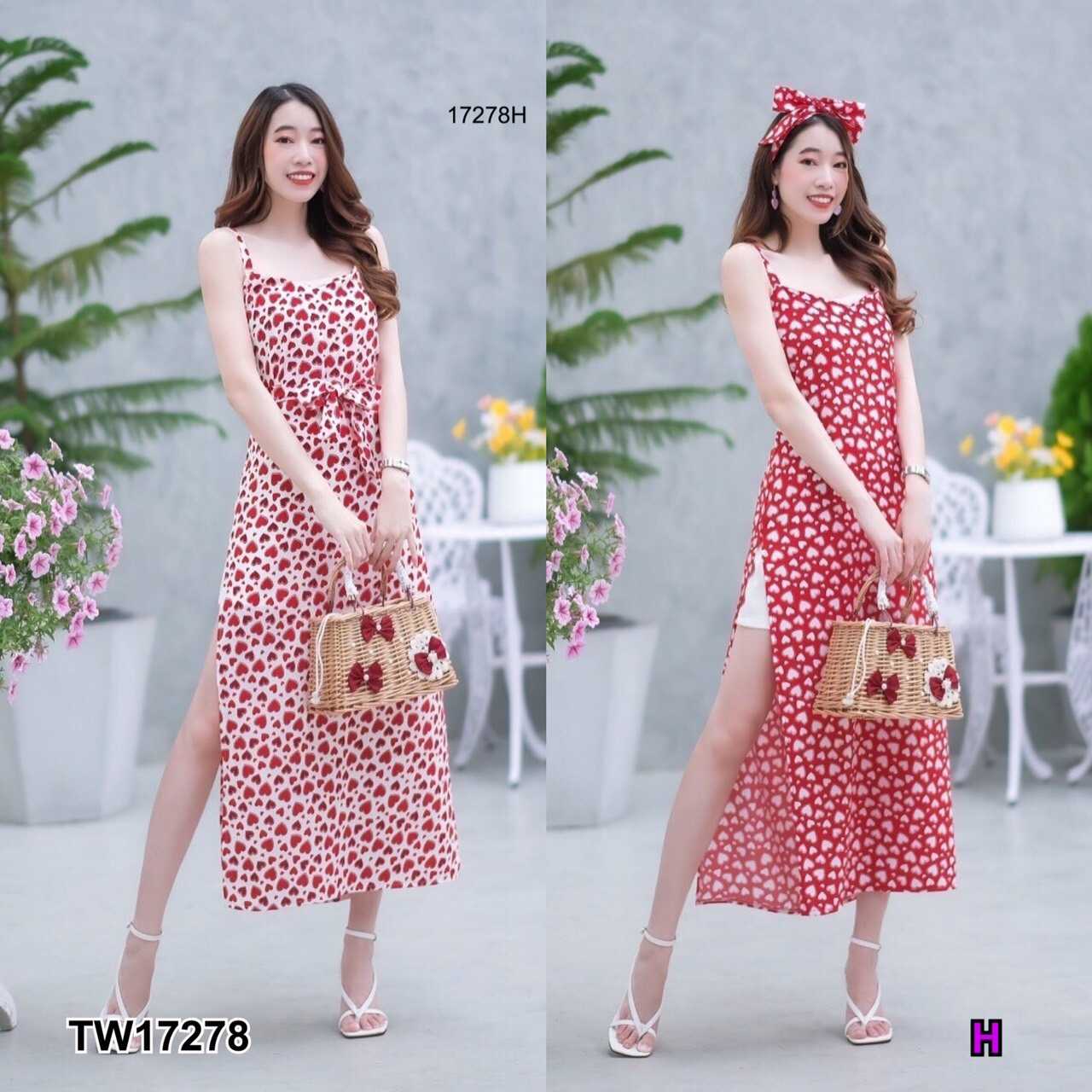 set 3 ชิ้น เดรสสายเดี่ยว ผ้าไหมอิตาลี่ ลายหัวใจ ผ่าข้าง 2 ข้าง + สายผูกโบว์ + กางเกงขาสั้น